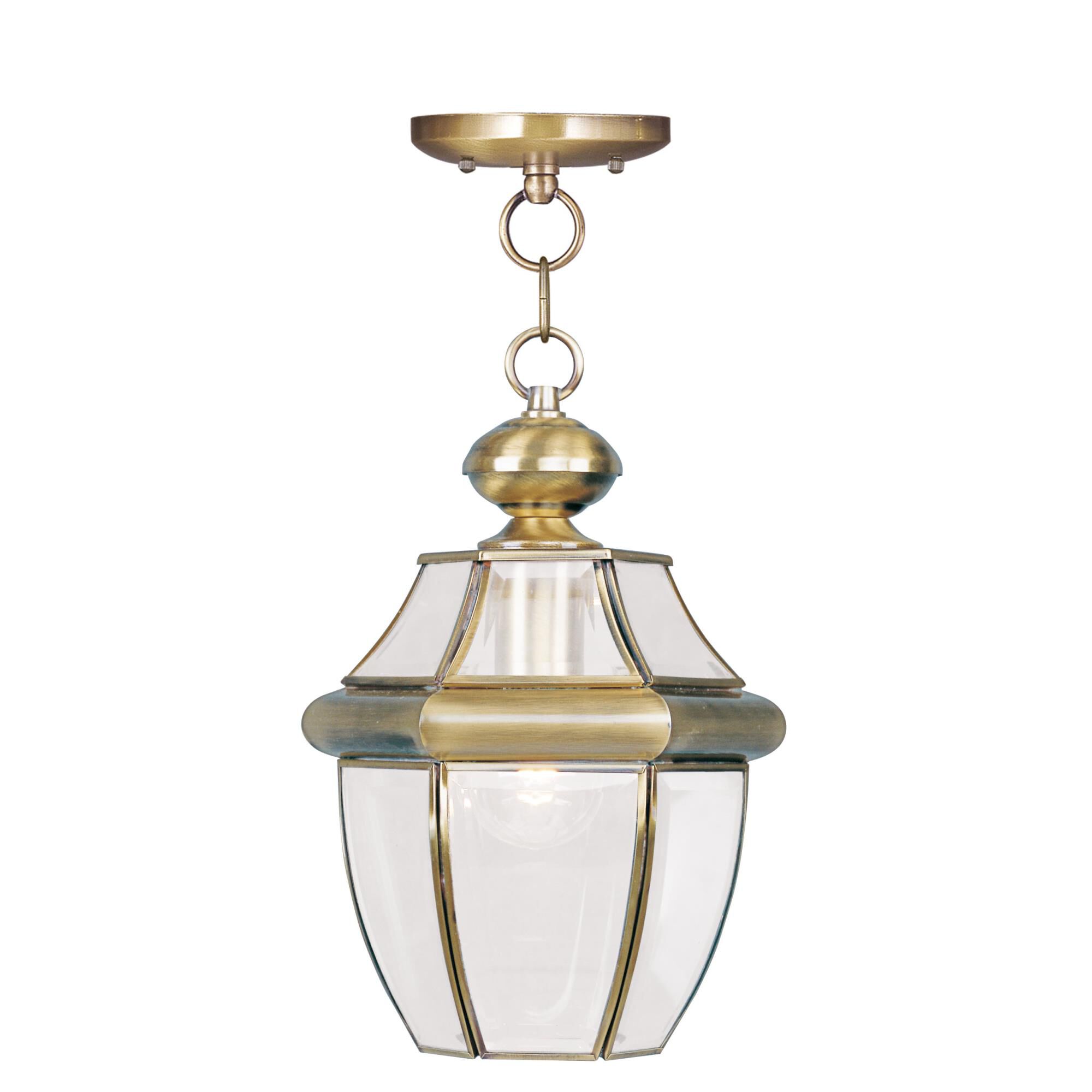 Shown in Antique Brass finish and Clear Beveled glass